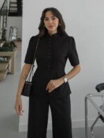 Black Short Sleeve Button Blouse Set - Image 2
