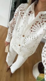 White Eyelet Lace Button-Up Shirt - Image 2