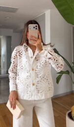 White Eyelet Lace Button-Up Shirt
