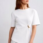 White Asymmetric T-Shirt With Gold Detail