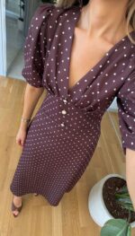 Brown Polka Dot Puff Sleeve Maxi Dress - Image 2