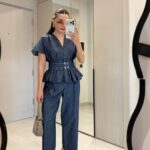 Dark Blue Denim Belted Top with Pants Set