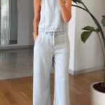 Light Wash Denim Top with Wide Leg Pants Set