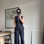 Sleeveless Dark Denim Button Top and Pants Set
