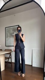 Sleeveless Dark Denim Button Top and Pants Set
