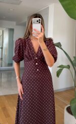Brown Polka Dot Puff Sleeve Maxi Dress - Image 3
