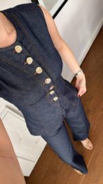 Sleeveless Dark Denim Button Top and Pants Set - Image 2
