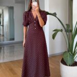 Brown Polka Dot Puff Sleeve Maxi Dress
