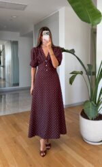 Brown Polka Dot Puff Sleeve Maxi Dress