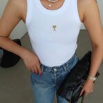 White Ribbed Tank Top with Gold Logo