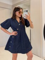 Dark Denim Puff Sleeve Mini Dress - Image 2