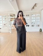 Black Sequin Sheer Short Sleeve Top