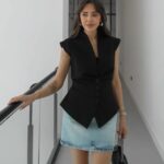 Black Button Front Blazer Top