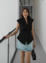 Black Button Front Blazer Top