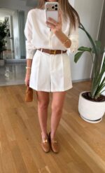 High Waist White Pleated Shorts