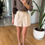 High Waist Pleated Beige Shorts