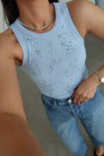 Baby Blue Ribbed Rhinestone Tank Top