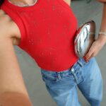 Red Ribbed Rhinestone Tank Top