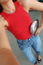 Red Ribbed Rhinestone Tank Top