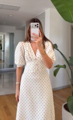 White Polka Dot Puff Sleeve Dress