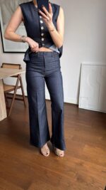 Sleeveless Dark Denim Button Top and Pants Set - Image 3