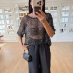 Black Sequin Sheer Short Sleeve Top - Image 2