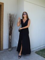 Sleeveless Black V-Neck Midi Dress