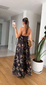 Black Halter Maxi Dress With Leaf Print - Image 2
