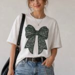 White T-Shirt With Black Lace Bow Print