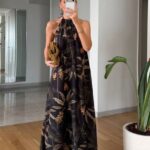 Black Halter Maxi Dress With Leaf Print