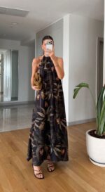 Black Halter Maxi Dress With Leaf Print