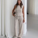 Beige Linen Sleeveless Top and Pants Set