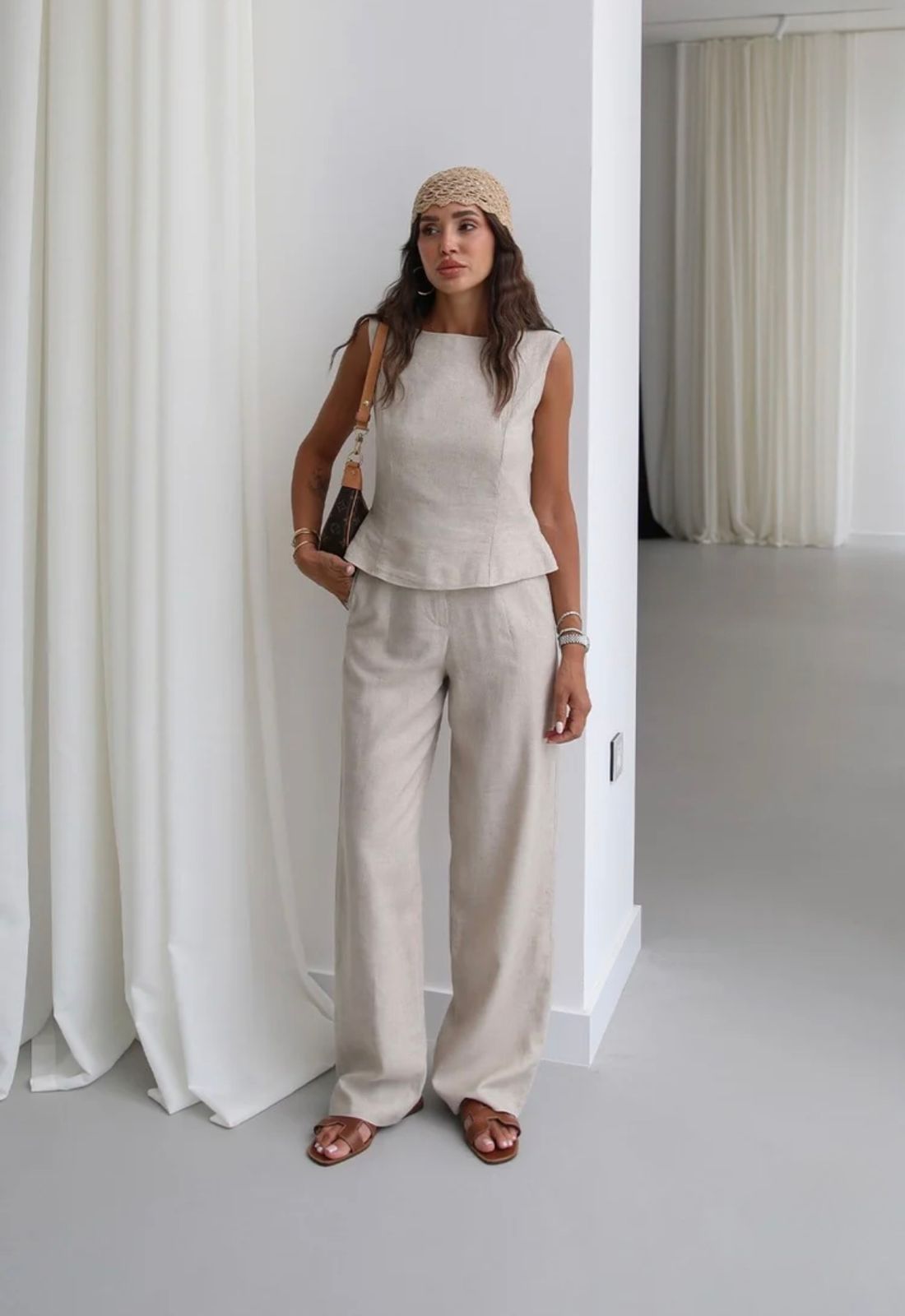 0a06f17d-da41-4ac9-8261-3e719b5de57e Beige Linen Sleeveless Top and Pants Set - Image 1