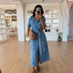 Blue Patterned Button-Up Midi Dress