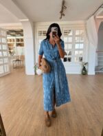Blue Patterned Button-Up Midi Dress