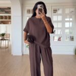 Brown Short Sleeve Top and Pants Set