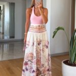 Floral Print Maxi Skirt White Pink