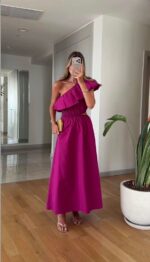 Pink One-Shoulder Ruffle Maxi Dress - Image 2