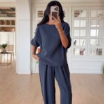 Navy Blue Short Sleeve Loungewear Set