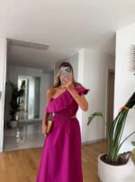 Pink One-Shoulder Ruffle Maxi Dress