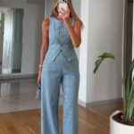 Blue Sequin Sleeveless Vest and Pants Set