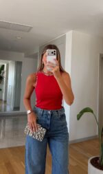 Red Sleeveless Top With Rhinestone Trim