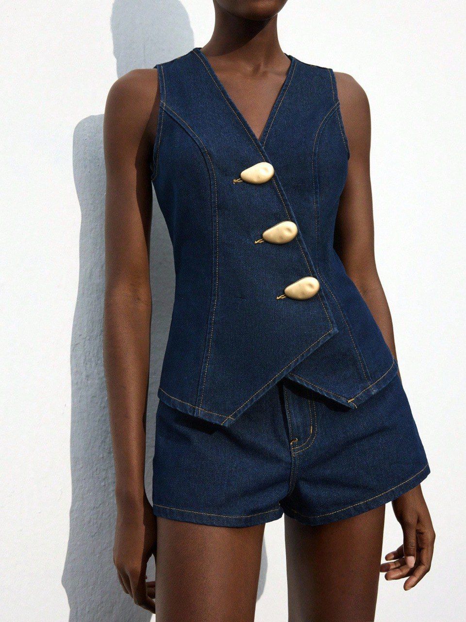 75ae433b-88e5-4dd9-9aca-f4c9e9ce6ea3 Women's Dark Denim Vest and Shorts Set - Image 1