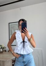White Ruffle Sleeveless Peplum Blouse