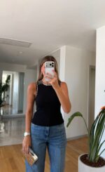 Black Sleeveless Tank Top With Rhinestone Trim