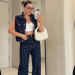 Navy Polka Dot Denim Vest and Pants Set