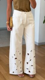 White Wide Leg Jeans With Cutout Detail - Image 3