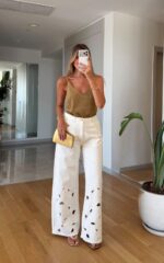 White Wide Leg Jeans With Cutout Detail