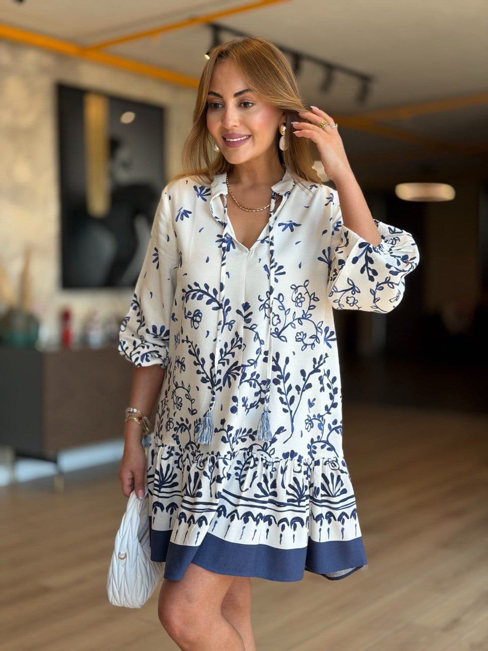 WhatsApp Image 2026-06-09 at 12.09.50 PM White and Navy Floral Print Dress - Image 1