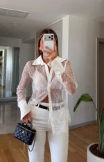 White Sheer Lace Button-Up Blouse